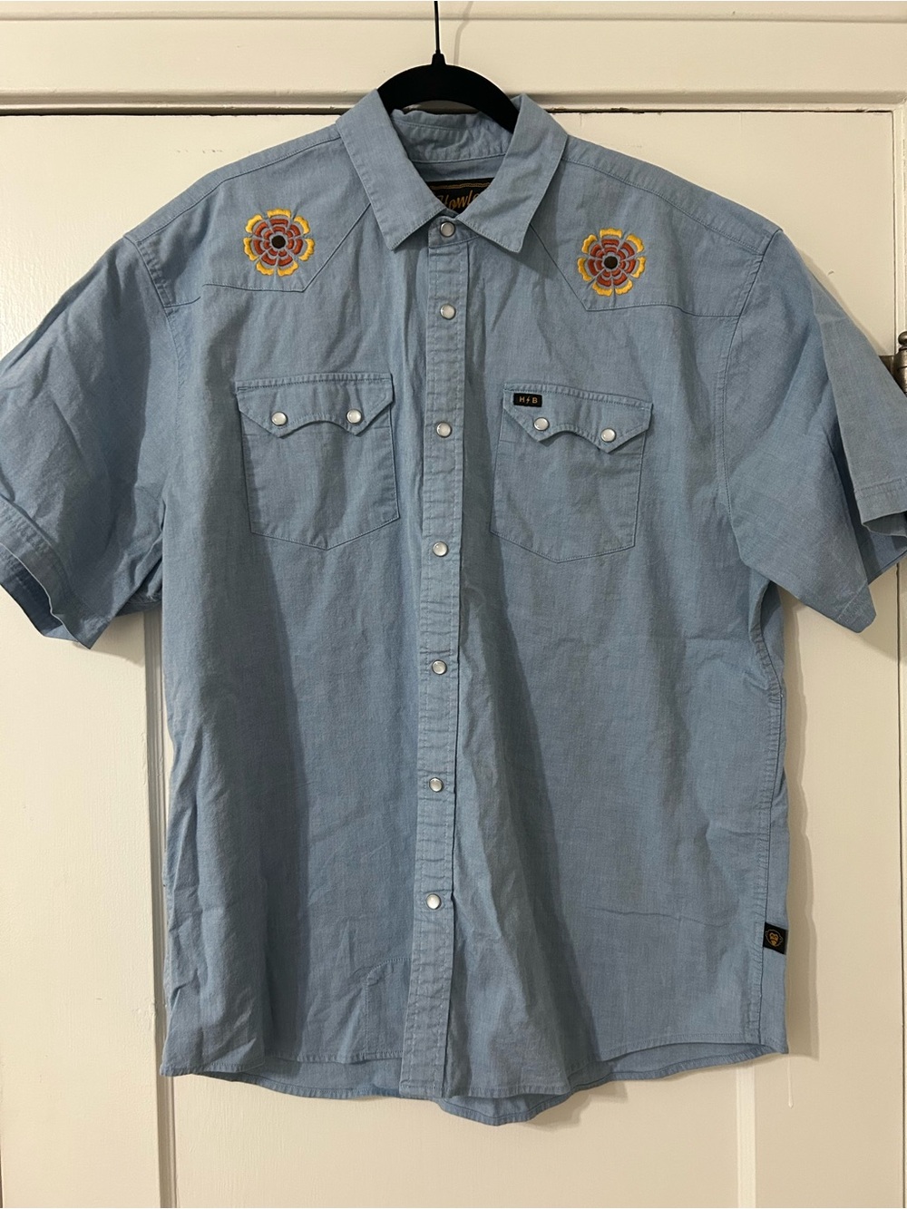 Howler Bros Blue Short-Sleeve Western Shirt with Embroidered Shoulder detail